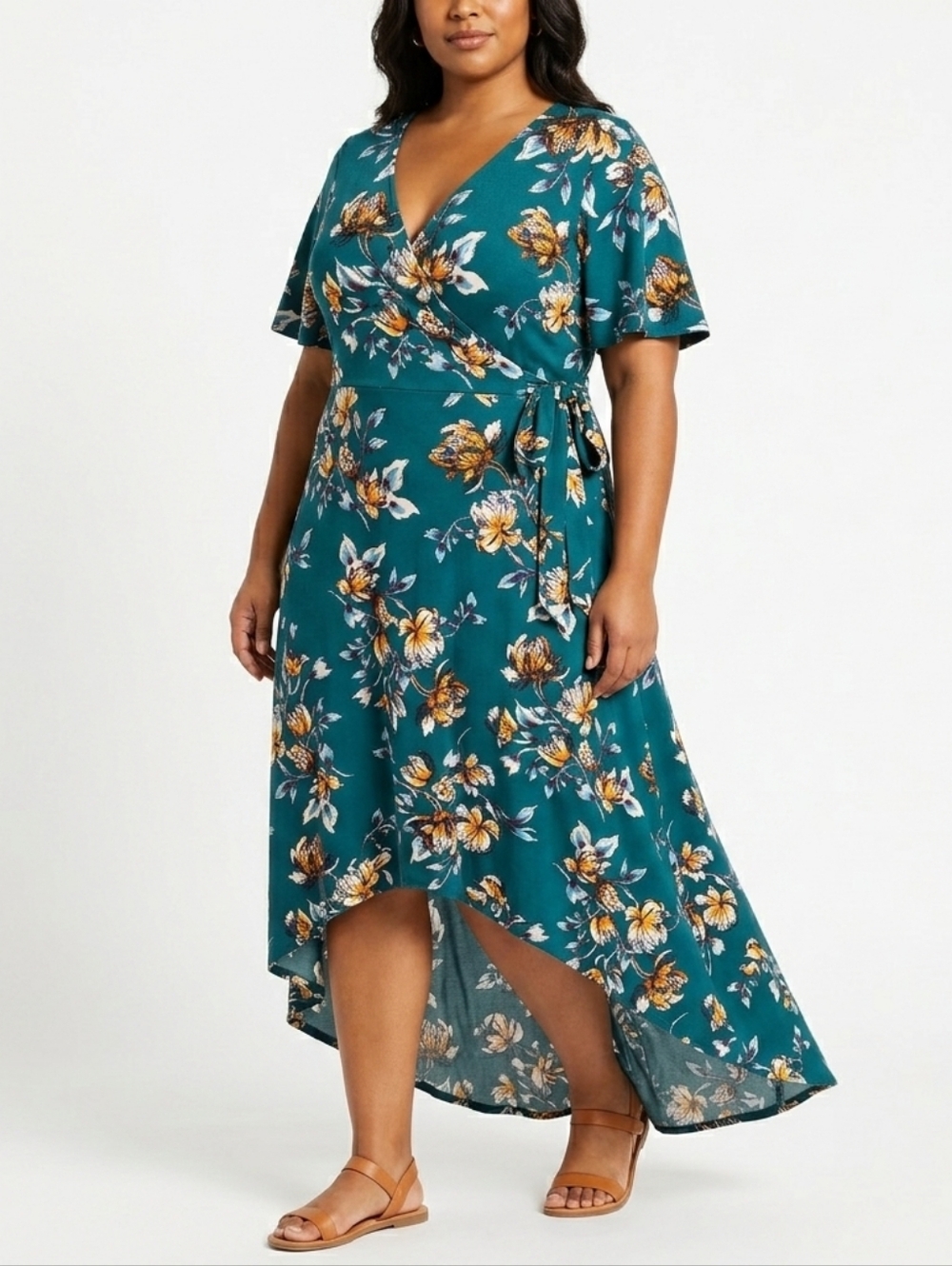 Floral Wrap Midi Dress Plus Size 2X Teal Moody Botanical Office Evening Outfit